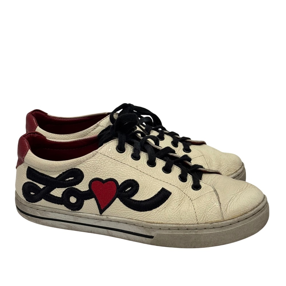 Brighton Cream Leather Sneakers with Black Script and Red Heart